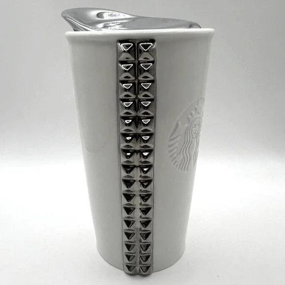 Starbucks 2014 Triangle Studded Ceramic Travel Tumbler 10oz White Silver Lid - Picture 2 of 5